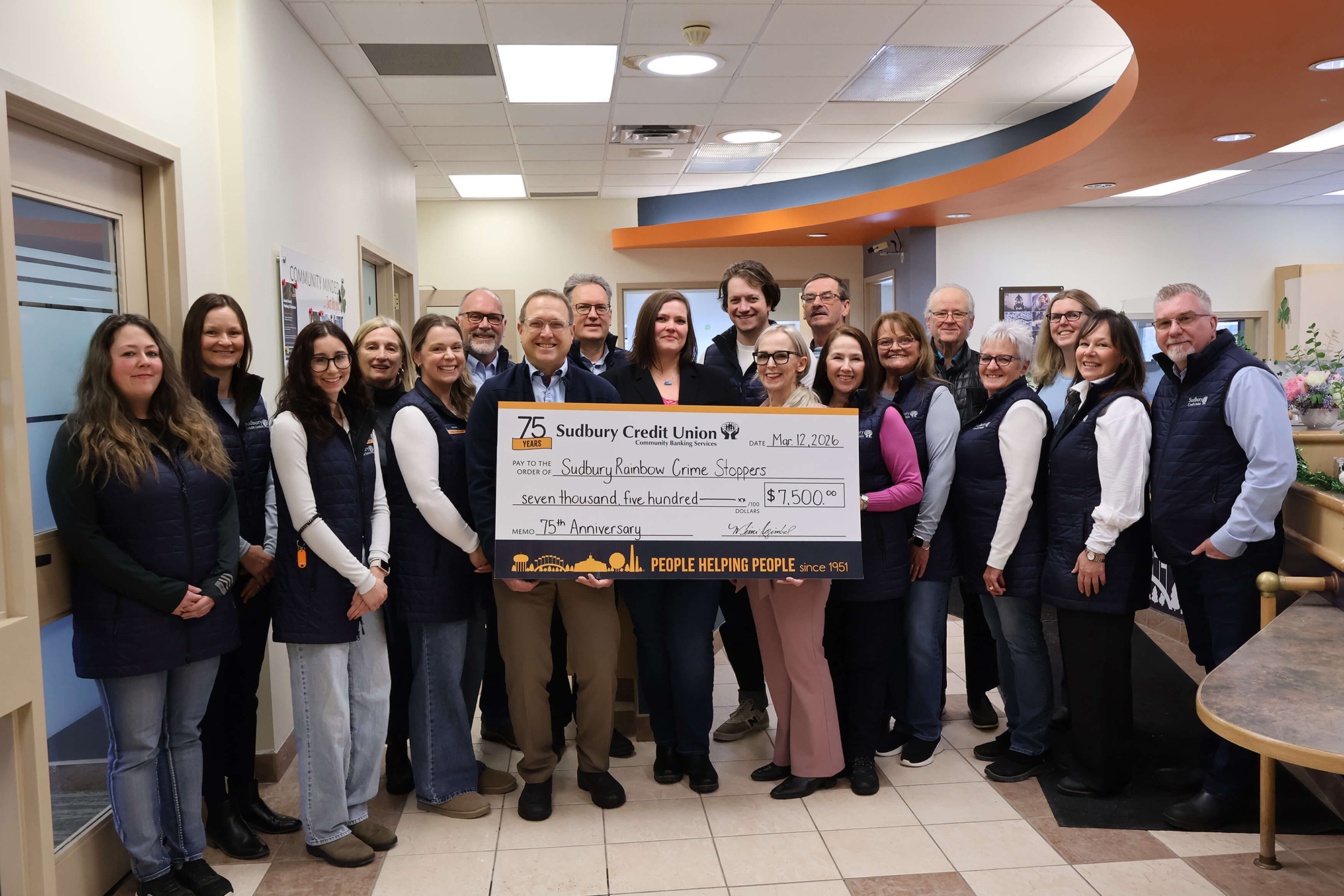 SCU staff present a cheque for $7,500 to Sudbury Rainbow Crime Stoppers
